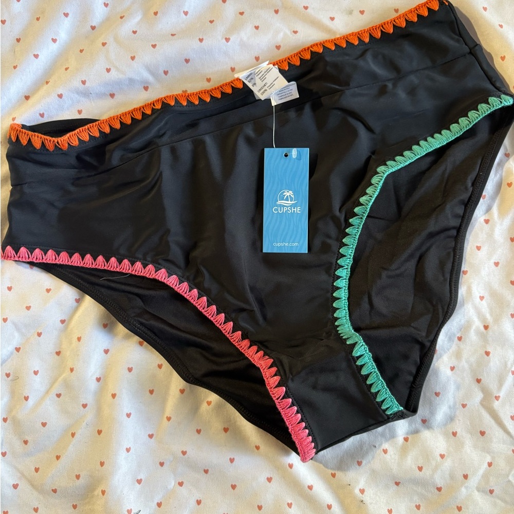 Cupshe Women's Black Swim Bottom with Multicolor Crochet Trim